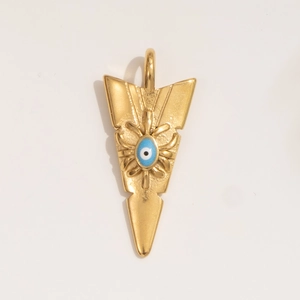 Golden triangle pendant with blue evil eye design and polished stainless steel finish