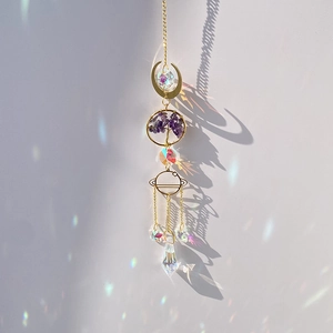 Golden tree of life crystal suncatcher with moon and star prisms for garden window decor
