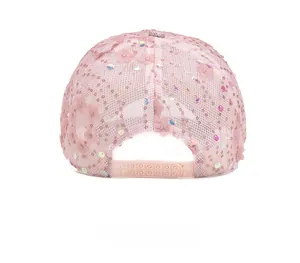 Detail view of pink mesh cap back with 3D floral petals, sequins and adjustable strap