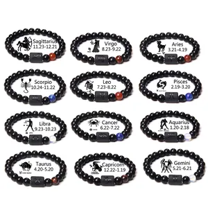 Elastic bracelet collection featuring twelve zodiac obsidian beads on white background