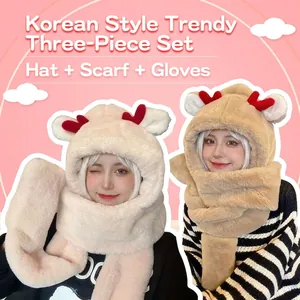 Cute Korean style 3-in-1 plush hat scarf and gloves set with cartoon decorative horns