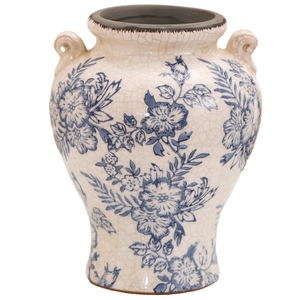 Blau-weiße Keramikvase mit Eisriss-Dekor, Blumenmuster und Doppelgriffen für Deko
