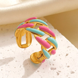 Stainless Steel Colorful Enamel Chain Ring Open Adjustable Geometric Cuban Link Fashion Jewelry For Women