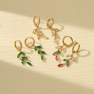 Elegant leaf earrings with marquise-cut zircons in emerald, white, and multi-color stones