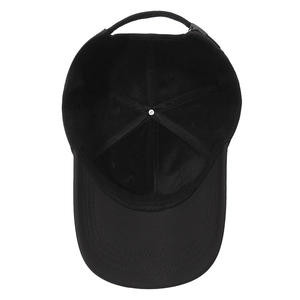 Interior view of black cotton baseball cap showing reinforced seams and six-panel structure