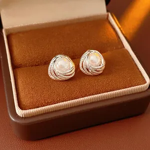 Spiral Geometric Artificial Pearl Stud Earrings With Silver Earring Post French Retro Style Copper Jewelry For Women