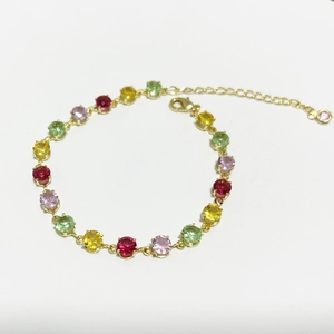 Colorful gemstone tennis bracelet with adjustable gold plated chain for women