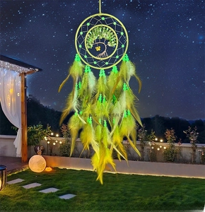 Glow-in-the-dark dreamcatcher with luminous beads and feather accents in a night scene