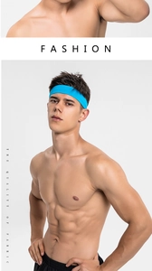 Close-up of bright blue elastic sports headband with breathable fabric texture for running