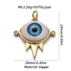 Detailed view of evil eye copper pendant with blue enamel and dimensions in millimeters