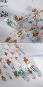Detailed view of Chinese style nail stickers featuring calligraphy and blue butterflies