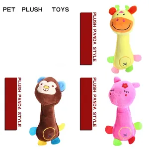 Durable plush squeaky dog toys in giraffe, monkey, and pig shapes for chewing and playing