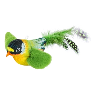 Giocattolo realistico per gattini a forma di uccello in peluche verde e giallo