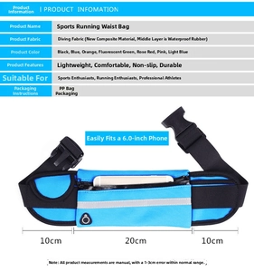 Detail view of the waterproof running waist pack showing dimensions and headphone port