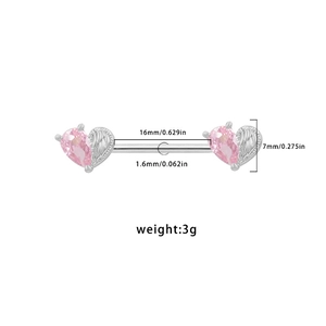Detailed view of heart shaped pink zircon piercing with 16mm stainless steel bar dimensions