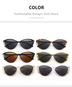 Matrix layout of triangle cat eye sunglasses in six trendy colors with UV400 lenses