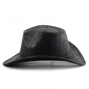 Detail shot of black distressed cowboy hat with vintage crackle effect and stitched brim