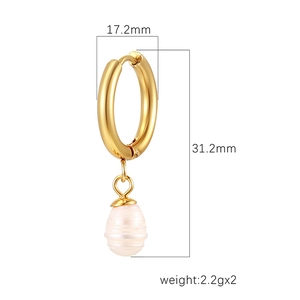 18K gold plated stainless steel hoop earrings with freshwater pearl charms 31mm long