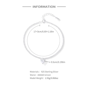 Elegant S925 sterling silver heart bracelet with AAAAA+ zircon and 17+3cm extension chain