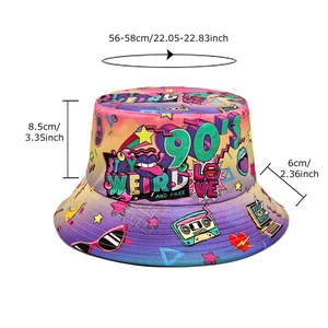 Retro 90s graffiti bucket hat with colorful pop art prints and reversible double-sided design