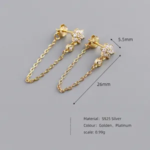 S925 sterling silver floral tassel earrings with gold plating and cubic zirconia