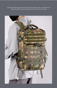 Rear view of tactical camouflage backpack with breathable mesh straps and MOLLE webbing