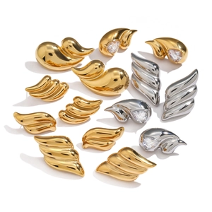Polished stainless steel wing and leaf stud earrings in gold and silver finish