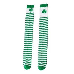 Detail of St. Patrick's Day green and white striped over-knee socks with clover patterns