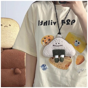 Plush onigiri rice ball crossbody bag with cute facial embroidery and black strap