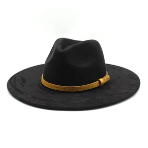 Classic black faux suede fedora with yellow crocodile pattern band and gold metal studs