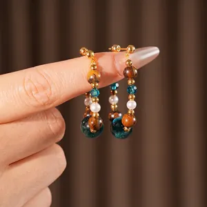 Boucles d'oreilles créoles rétro en œil de tigre et perles dorées pour femme
