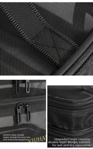 Detail of black mesh makeup bag featuring durable alloy double zippers and reinforced handle