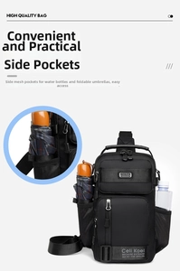 Detail of cross-body bag featuring side mesh pockets for water bottle and umbrella storage
