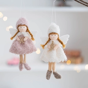 Handmade felt Christmas angel ornaments in pink and beige with knitted details for tree decor
