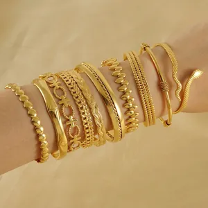 Adjustable Cuff Bracelets 18K Gold Plated Stainless Steel Snake Bamboo Twist Texture Trendy Minimalist Jewelry For Women
