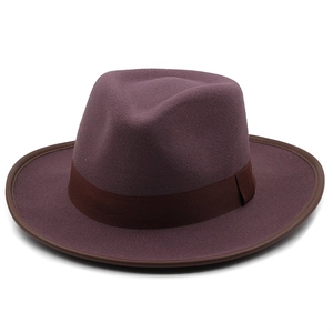 Classic burgundy fedora hat with brown leather trim and grosgrain band on white background