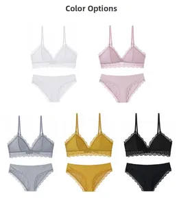 Detailed flat lay of floral lace wireless bra and panty sets in five various colors