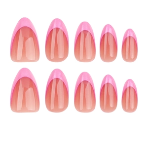 French tip almond press-on nails in light pink with glitter gradient on white background