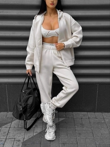 Women's 3-piece ivory zip hoodie and jogger set with cutout sports top for gym style