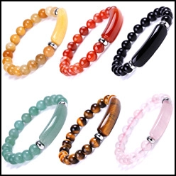 Close-up of colorful beaded bracelets with agate, tiger eye stones and metal spacers
