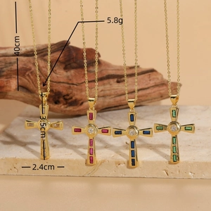 Cross pendant necklaces in gold finish with white, pink, blue and green zircons