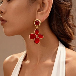 Vintage Flower Drop Earrings Alloy With 925 Sterling Silver Earring Post Irregular Fold Retro Red Enamel Style For Women