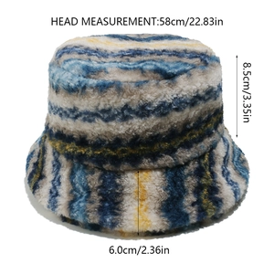 Fuzzy multi-color striped bucket hat with detailed size dimensions in centimeters and inches