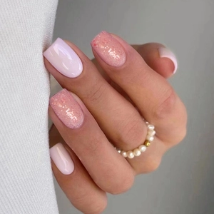 Square Medium Press On Nails Rubber Pink White Glitter Sequins Sweet Style Fake Nails For Women Girls