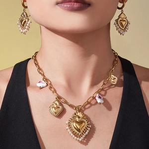 Vintage Stainless Steel Sacred Heart Jewelry Set Gold Plated Necklace Earrings With Ceramic Flowers Natural Stone For Women