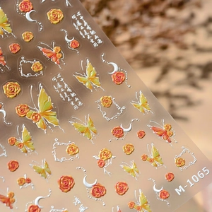 5D Embossed Nail Art Stickers Butterfly Orange Rose Flowers Moon Design Relief Self Adhesive DIY Elegant Manicure Decoration