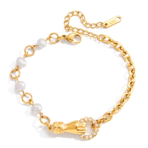 Bracelet luxueux en acier inoxydable doré 18 carats avec pendentif main et perles