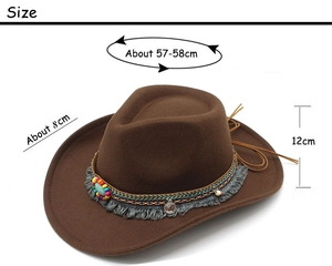 Tableau des tailles de chapeau de cowboy en feutre marron avec détails de circonférence