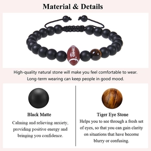 Rugby football bead bracelet with black matte and tiger eye natural stone beads