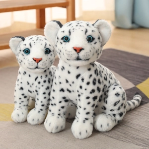 Cute snow leopard plush toy in two sizes with realistic blue eyes and soft spotted fur